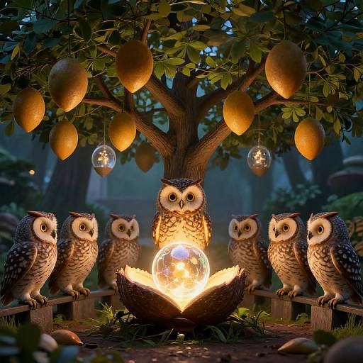 Owls Debating Beneath Glowing Seedpod Tree
