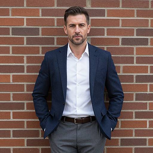 Photograph of a handsome, bearded man with short brown hair, wearing a dark blazer, white shirt, and gray pants, standing against a