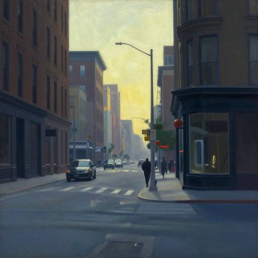Digital painting of a city street at sunset, featuring buildings, a pedestrian, cars, and a yellow sky, with shadows and light contrasts.