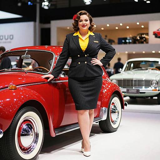 Photograph of a vintage-styled woman in a black pinstripe suit, yellow blouse, and red flower, standing beside a shiny red classic car