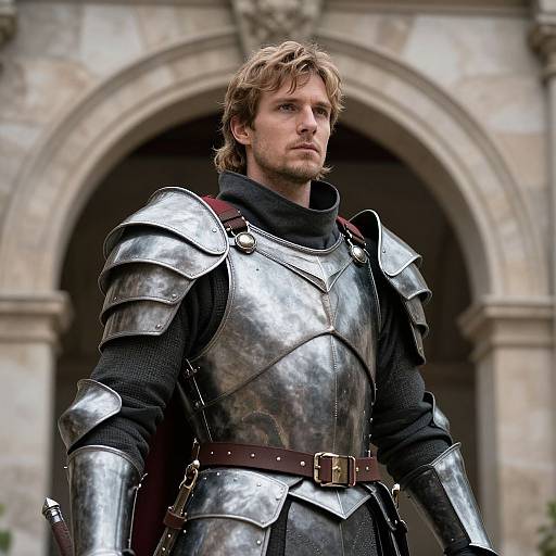 Photograph of a young, blonde, bearded man in shiny, medieval-style silver armor with a black turtleneck, standing in front of a