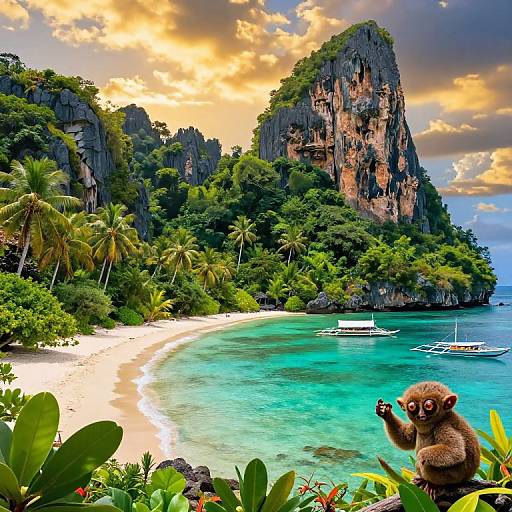 Photograph of a lush tropical beach with turquoise water, towering cliffs, palm trees, and a curious monkey waving in the foreground.