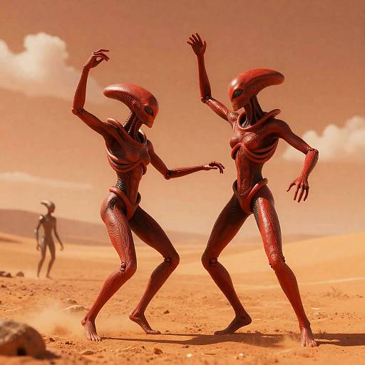 Dynamic Dance of Red Alien Figures