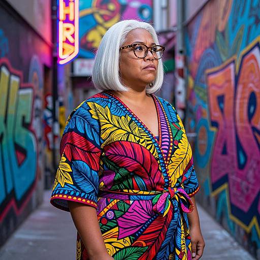 Photograph of a plus-sized Black woman with white bob haircut, glasses, colorful tropical print robe, standing in vibrant graffiti alley.