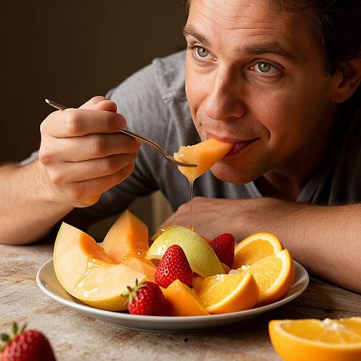 Photograph of a man with short brown hair, light skin, and blue eyes, eating orange slices with a fork from a plate of oranges, strawberries