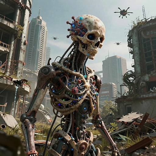 Post-Apocalyptic Bio-Mechanical Skeleton in Overgrown City