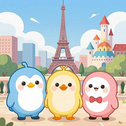 Cute Animated Characters in Front of Eiffel Tower