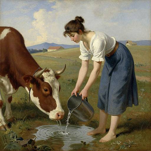 Realistic painting of a young woman in a white shirt and blue skirt pouring water from a pot into a cow's drinking trough in a grassy,