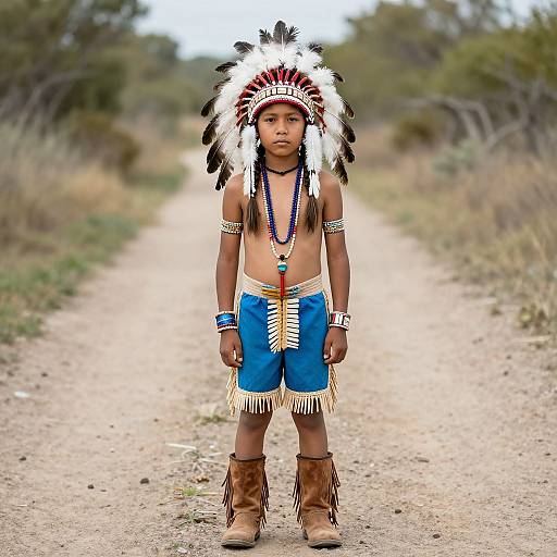 Photograph of a young boy standing on a dirt path, wearing a Native American headdress, blue fringed shorts, brown boots, and beaded