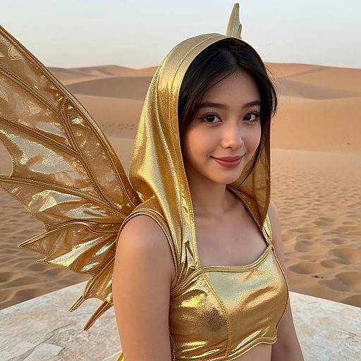 Young Asian woman with golden wings and hooded dress, smiling in desert landscape; digital art with realistic textures.