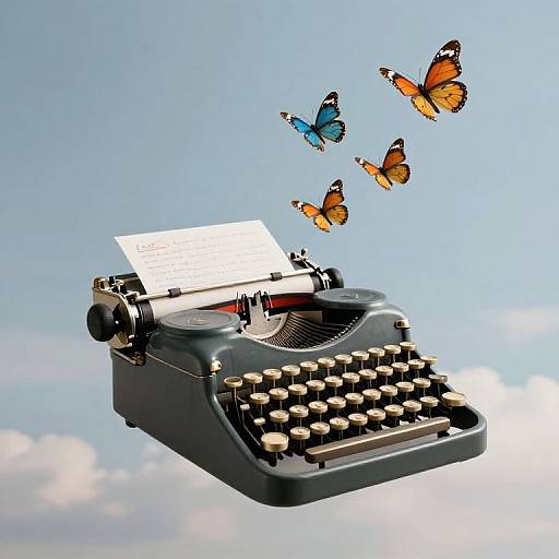 Photograph of a floating black typewriter with four colorful butterflies (orange and blue) flying from the paper. Clear blue sky background.