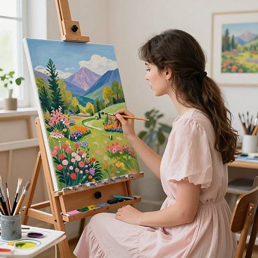 Photograph of a woman with long brown hair painting a vibrant, floral landscape on an easel, wearing a pink dress, in a bright, sun