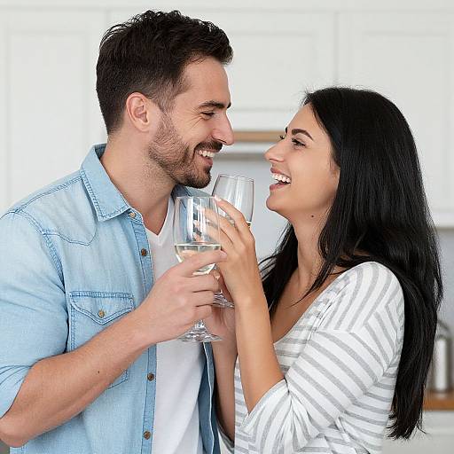 Photograph of a smiling, dark-haired woman in a white-striped shirt and a bearded man in a light blue denim shirt, both holding glasses and