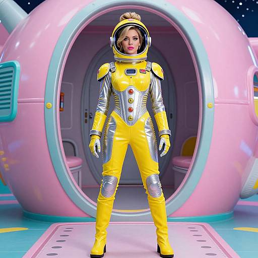 Photorealistic CGI of a blonde woman in a bright yellow and silver astronaut suit standing in front of a pink, circular spacecraft airlock.