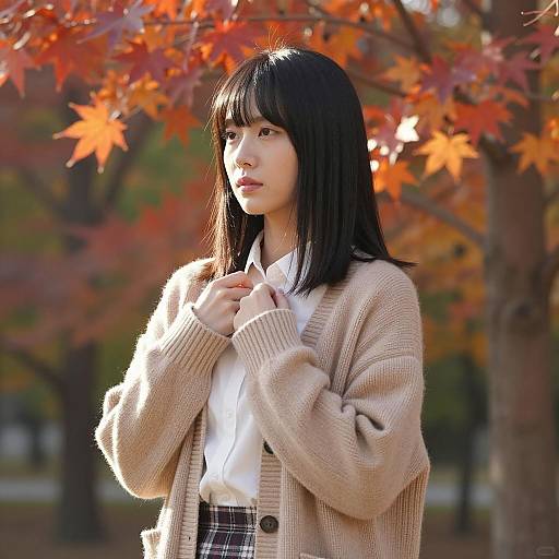 Asian Woman in Beige Cardigan in Autumn Park