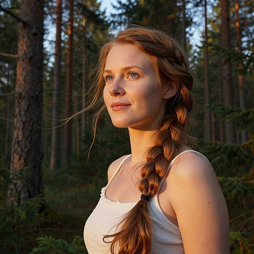 Photograph of a young woman with fair skin, long auburn braid, wearing a white tank top, standing in a sunlit forest.