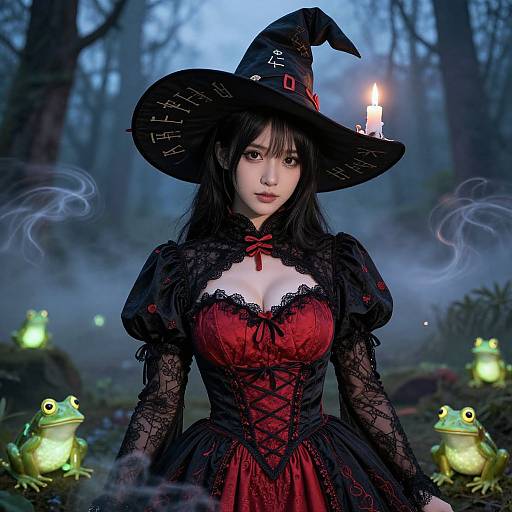 Digital artwork of a young woman in a black witch hat with a candle, red and black lace dress, surrounded by glowing green frogs in a foggy