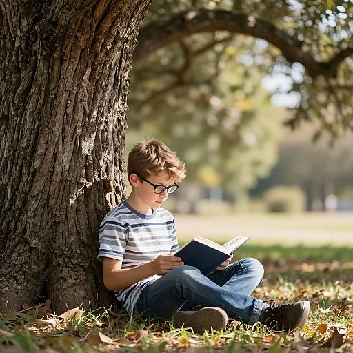 Photograph of a young boy with brown hair, glasses, striped shirt, and jeans, reading a book while sitting against a large tree in a sun