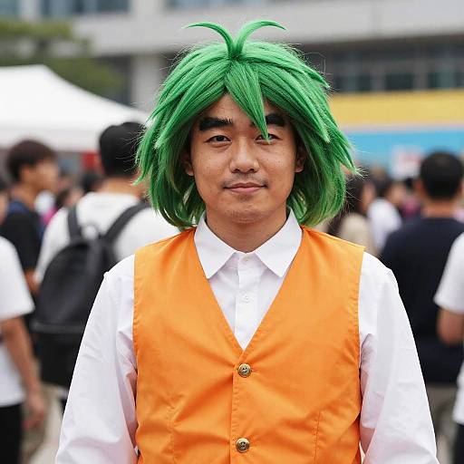 Photograph of an Asian man with green wig, orange vest, white shirt, standing outdoors at a crowded event, background blurred.