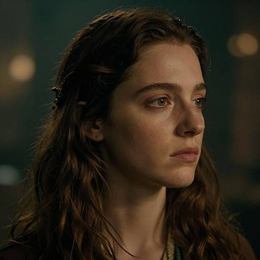 Photograph of a pensive young woman with wet, wavy brown hair, fair skin, and green eyes, softly lit against a dark, blurred