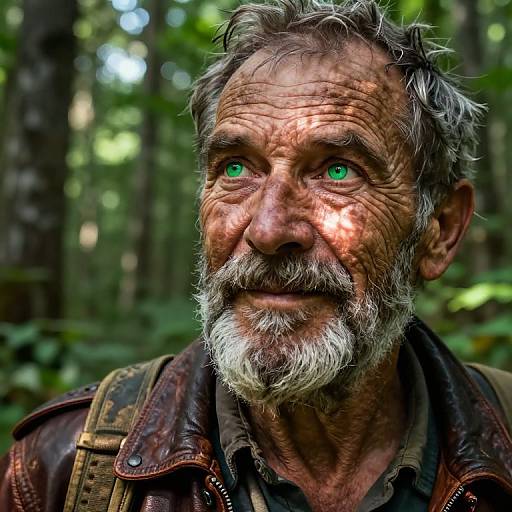 Photograph of an elderly, weathered man with green eyes, gray beard, and tousled hair, wearing a brown leather jacket in a lush,