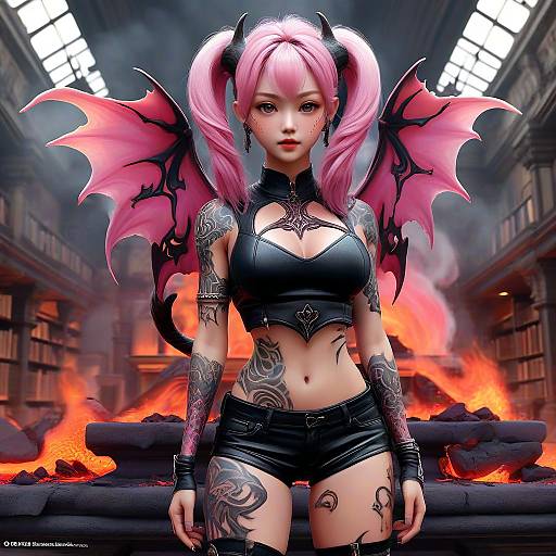 Digital artwork of a pink-haired, tattooed demon girl with bat wings, black leather outfit, and shorts, standing in a fiery, ruined library.