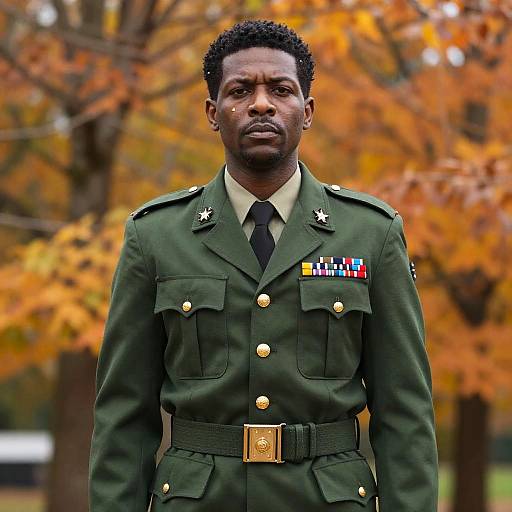 Photograph of a serious Black man in a dark green military uniform with medals, standing in front of autumn-colored trees.