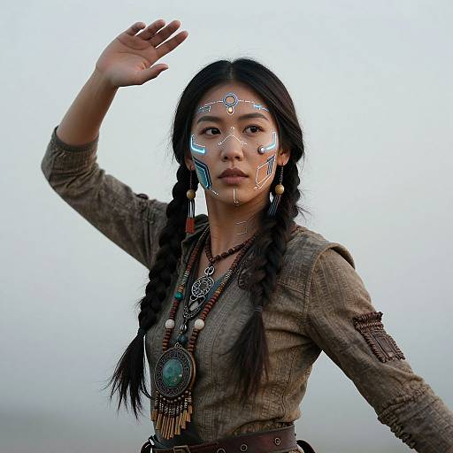 Photograph of an Asian woman with braided hair, wearing a brown shirt, intricate facial paint, and beaded jewelry, raising her right hand against