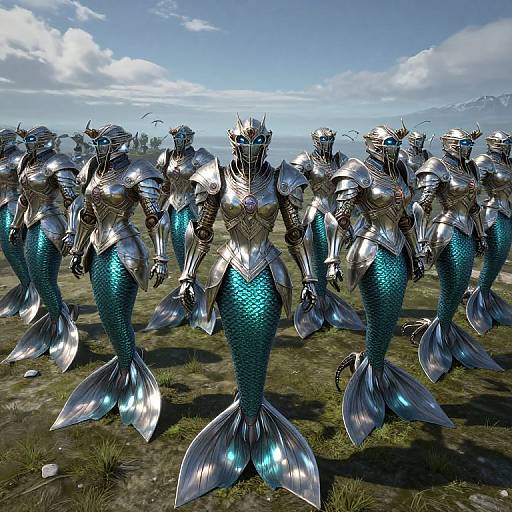Photorealistic CGI of a line of armored merfolk with shiny silver helmets and blue-scaled fish tails standing on a grassy field under a bright