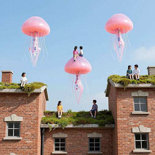 Photograph of children playing on rooftops of red brick buildings, with four pink jellyfish-like inflatables floating above against a clear blue sky.