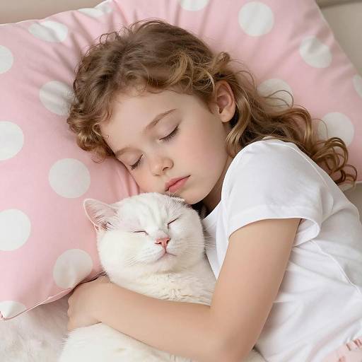 Sleeping Girl Hugging White Cat