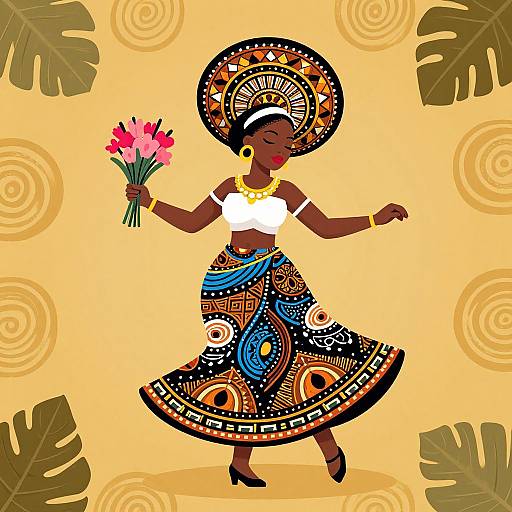 Digital illustration of a dark-skinned African woman dancing, wearing a white crop top, colorful patterned skirt, holding pink flowers, with a decorative head