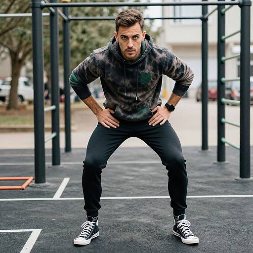 Man in Urban Style Hooded Sweatshirt Exercising Outdoors