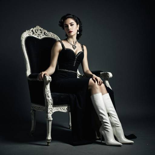 Poised woman in black dress sitting on antique chair
