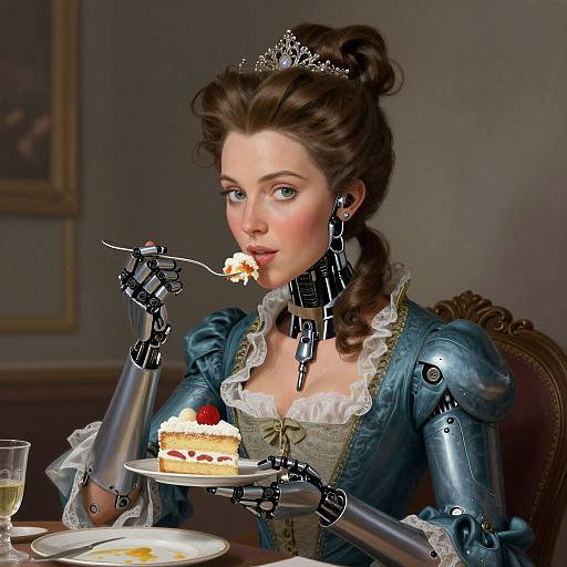 Digital art of a cybernetic woman with a tiara, Victorian dress, and robotic arms, eating cake at a formal table.