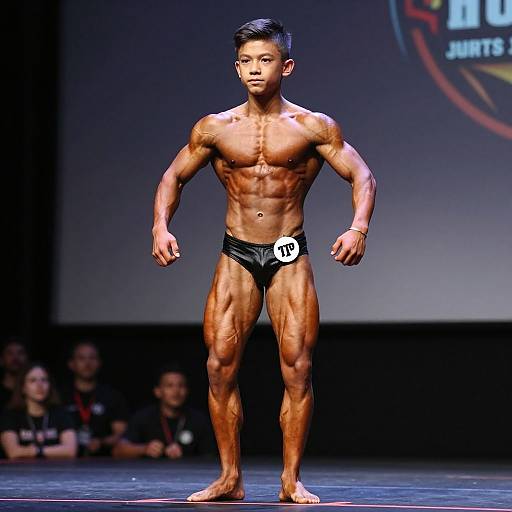 Photograph of a muscular, tan-skinned male bodybuilder with short black hair, wearing black briefs with white 