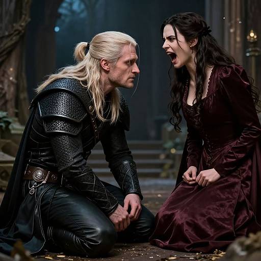 Photorealistic CGI of a blonde, armored man with long hair kneeling beside a laughing, dark-haired woman in a maroon dress, in a dark