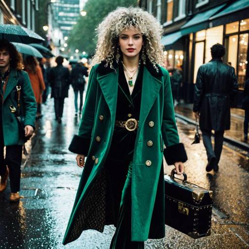 Vintage Emerald Green Coat on Rainy London Street