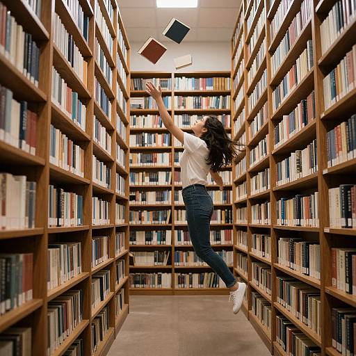 Photograph of a woman with long dark hair, wearing a white t-shirt and blue jeans, jumping between bookshelves in a library, reaching for