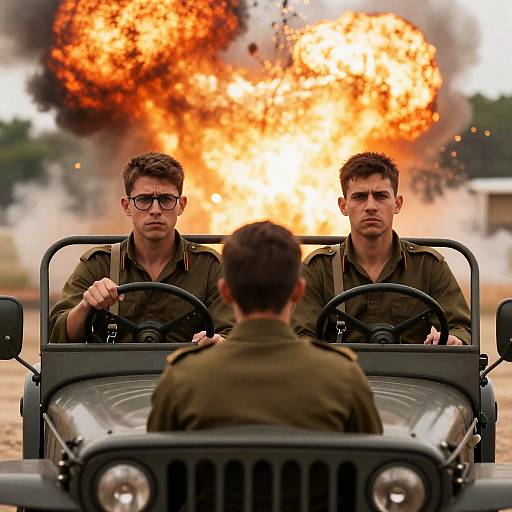Intense Military Jeep Moment with Explosion
