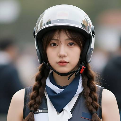 Photograph of an Asian woman with braided brown hair, wearing a shiny silver helmet, black sleeveless vest, and white scarf, with a blurred