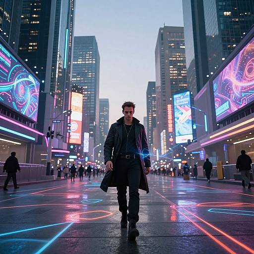 Photograph of a man in a long black coat walking down a neon-lit, rainy city street with colorful digital billboards.