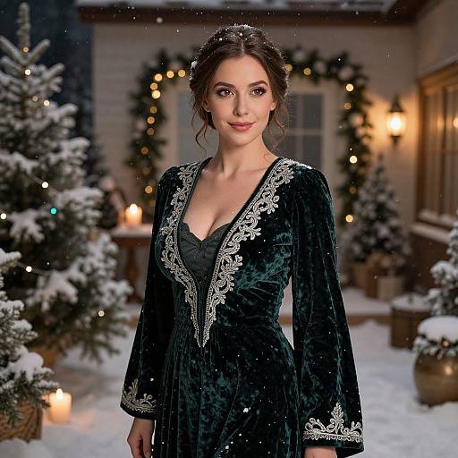 Photograph of a beautiful woman with fair skin, dark brown hair, and blue eyes, wearing an elegant black velvet dress with white lace trim, standing