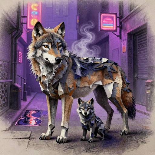 Surreal Cubist Sable Wolf in Neon Alley