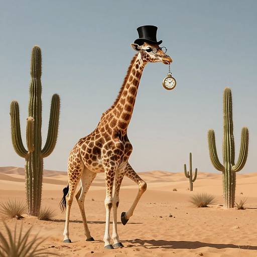 Surreal Giraffe in Desert with Top Hat and Pocket Watch