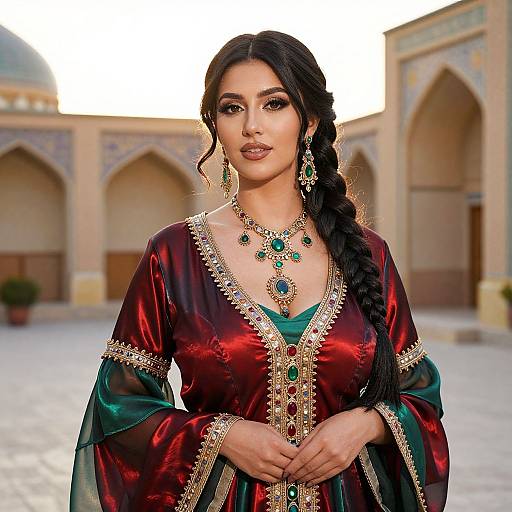 Photograph of a beautiful Middle Eastern woman with long black hair in a braid, wearing a red and green embroidered traditional dress, ornate jewelry,