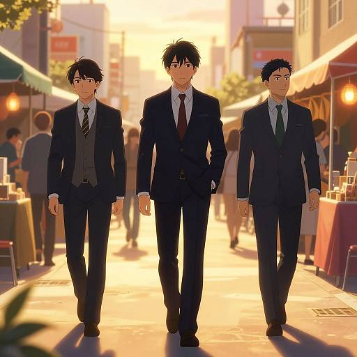 Digital anime-style drawing of three handsome men in black suits walking down a sunlit, bustling street, surrounded by restaurants.