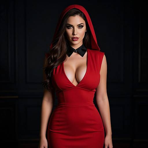Seductive Woman in Red Hooded Dress