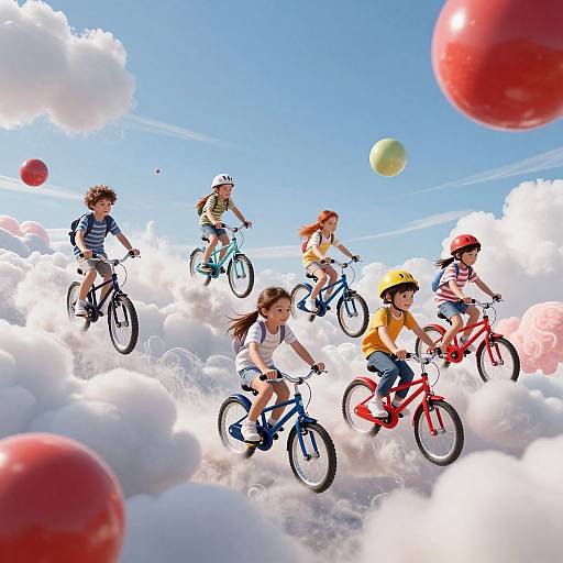 Colorful photograph of six children riding bicycles above fluffy white clouds, with red and green spheres floating in the bright blue sky.