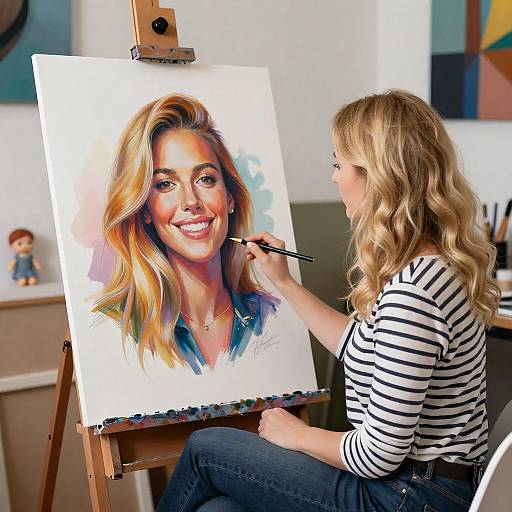 Artist Painting Blonde Portrait in Studio
